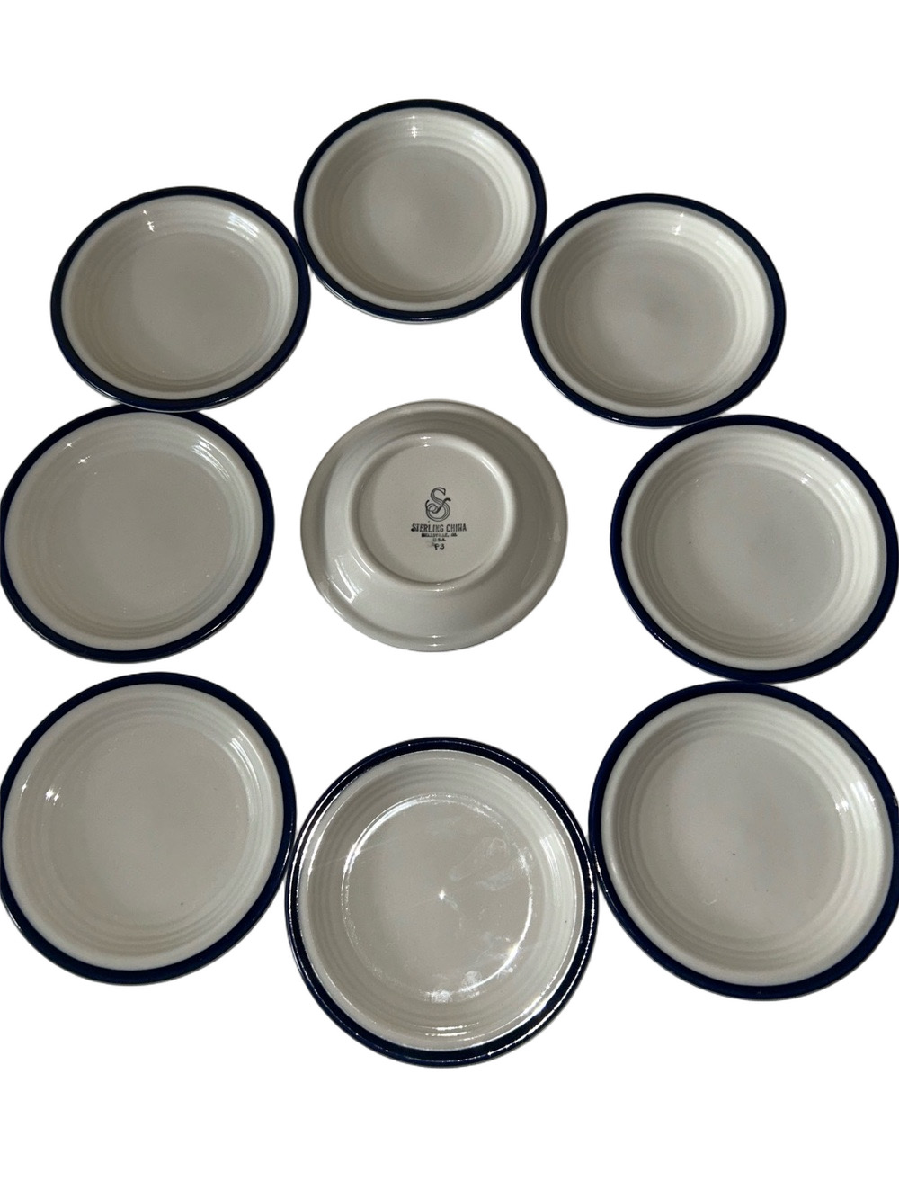 Set of 8 Vintage Sterling China Bread & Butter Plates Wellsville Ohio Blue Rim